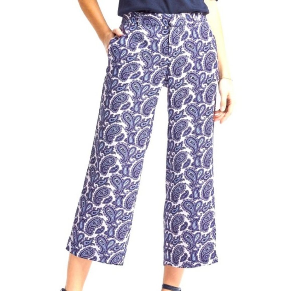 Banana Republic Navy Blue White Paisley Print Cropped Wide Leg Flowy Pants Sz 4
